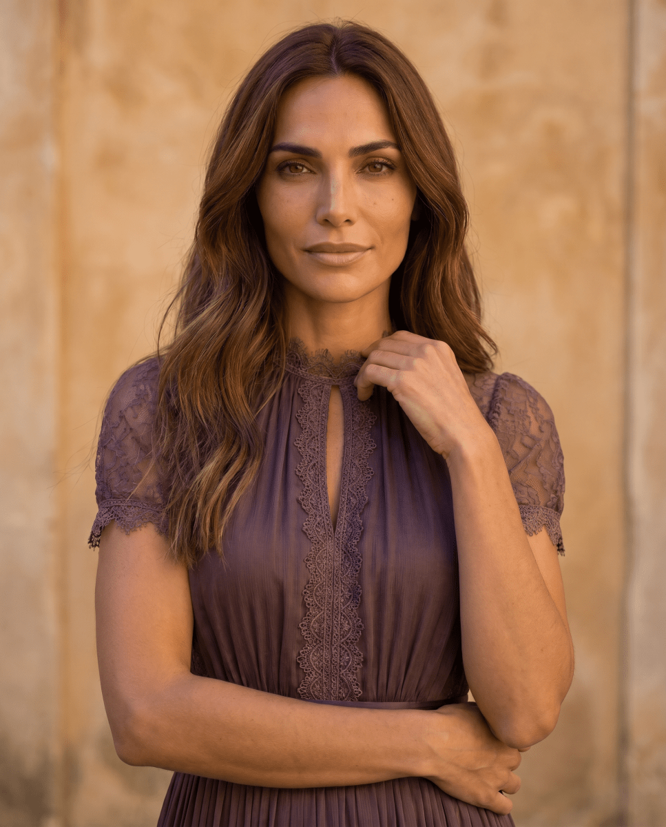 Flavia | Vestido largo morado con escote en forma de llave, borde de encaje de chiffon - Isabel de Sevilla