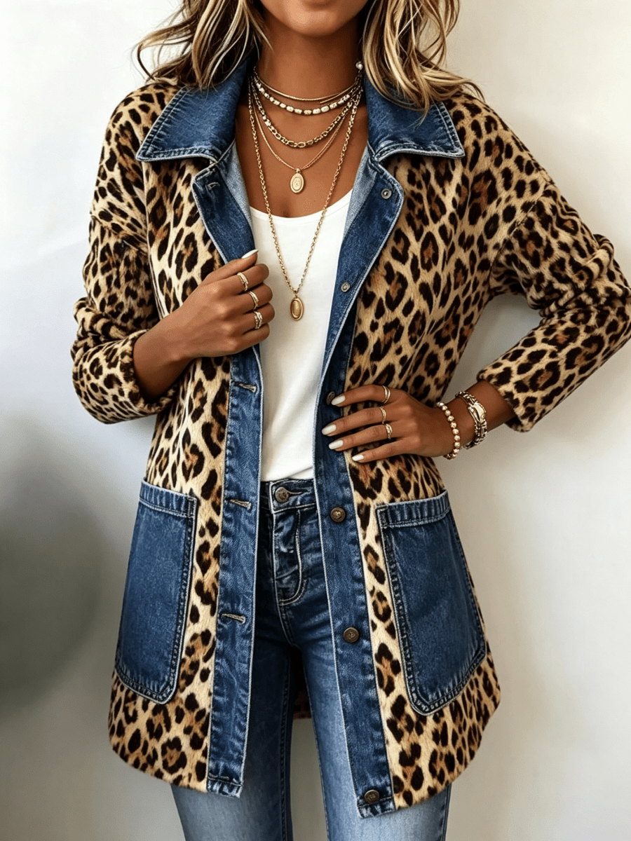 Ximena | Chaqueta larga de mezclilla con paneles de contraste y estampado de leopardo - Isabel de Sevilla