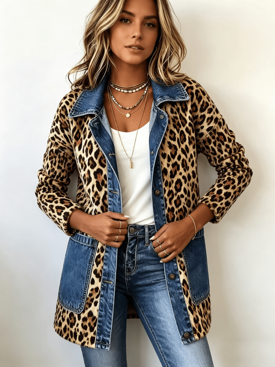Ximena | Chaqueta larga de mezclilla con paneles de contraste y estampado de leopardo - Isabel de Sevilla