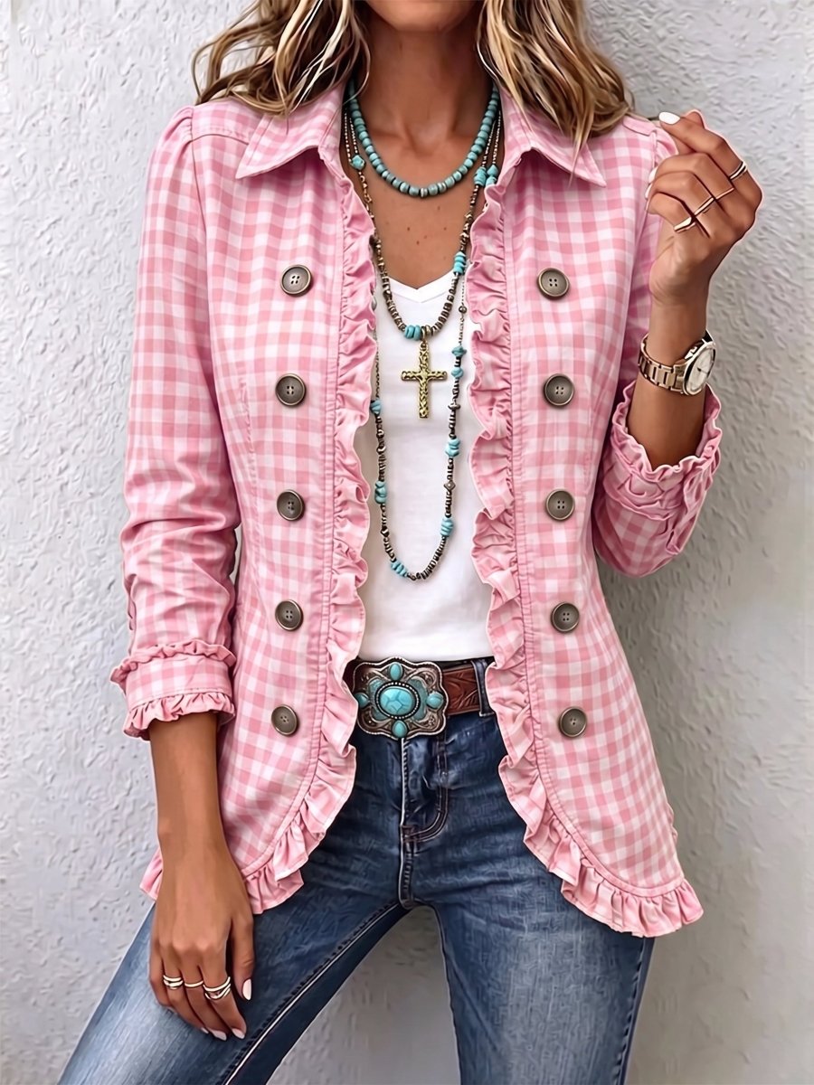 Yolanda | Chaqueta de botones con volantes y estampado de cuadros - Isabel de Sevilla