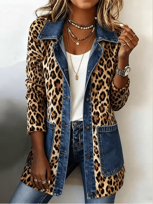 Ximena | Chaqueta larga de mezclilla con paneles de contraste y estampado de leopardo - Isabel de Sevilla