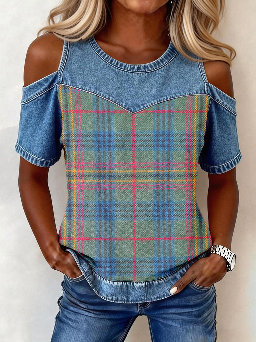 Women's Vintage Plaid Pattern Denim Patchwork Top