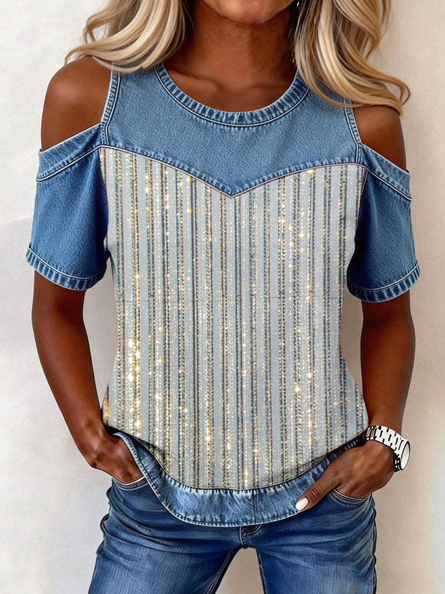 Women's Shiny Striped Pattern Denim Patchwork Top
