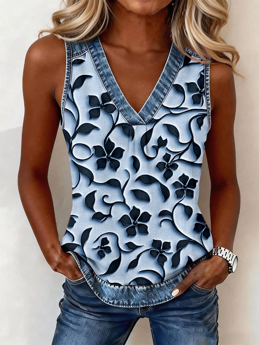 Women's Vintage Floral Pattern Denim Patchwork V-Neck Top