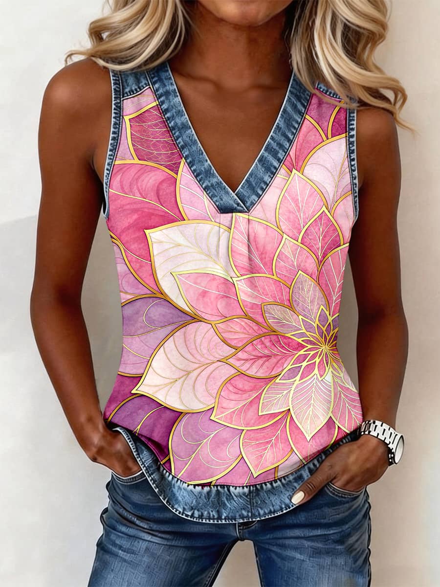 Women's Abstract Art Floral Pattern Denim Patchwork Top