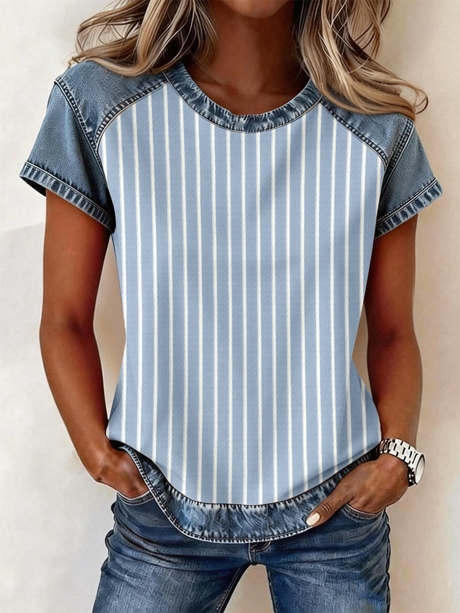 Women's Striped Pattern Denim Patchwork Top