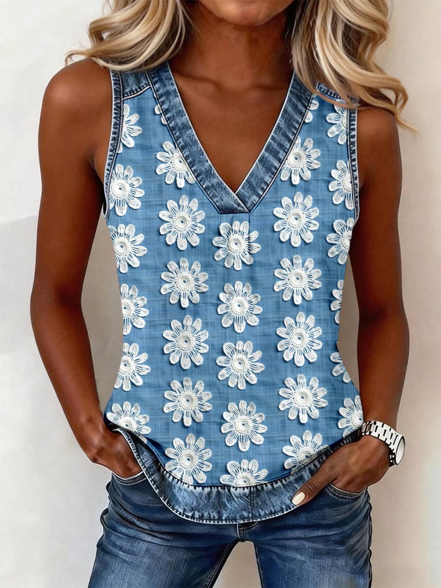 Women's Vintage Floral Pattern Denim Patchwork V-Neck Top