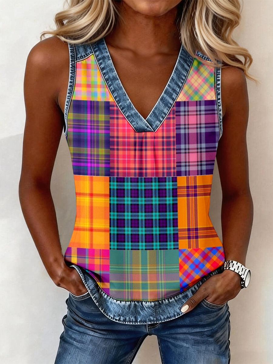 Women's Plaid Pattern Denim Patchwork Top