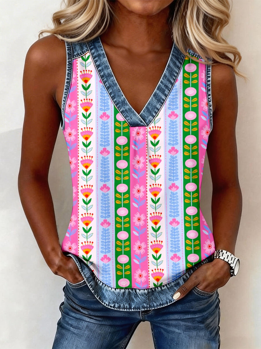 Women's Vintage Floral Pattern Denim Patchwork V-Neck Top