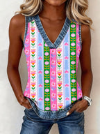 Women's Vintage Floral Pattern Denim Patchwork V-Neck Top