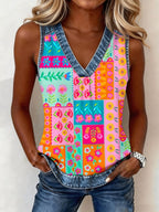 Women's Vintage Floral Pattern Denim Patchwork V-Neck Top