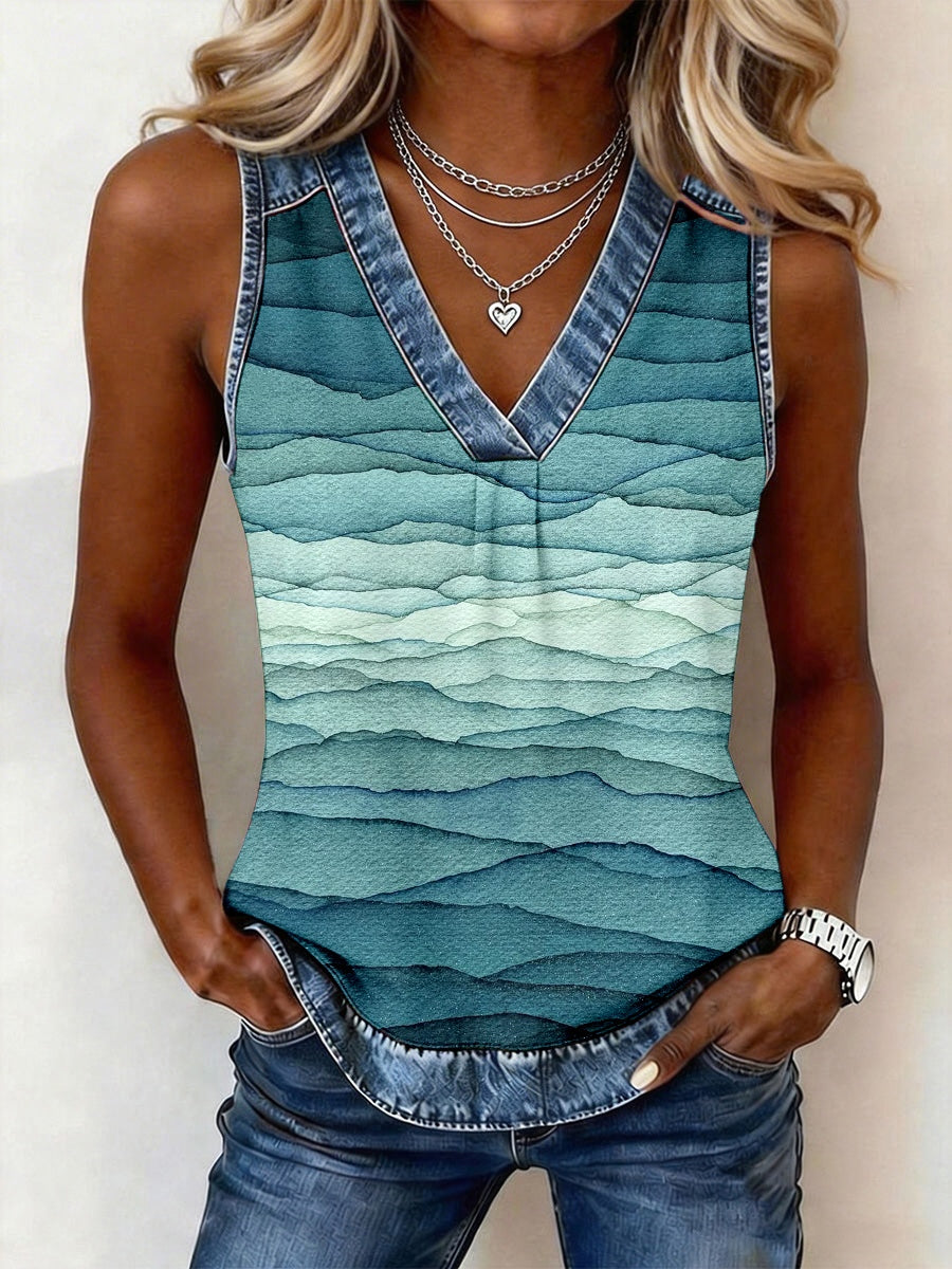 Women's Watercolor Striped Pattern Denim Patchwork Top
