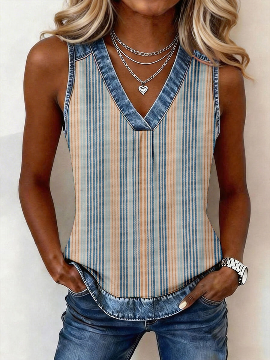 Women's Retro Striped Pattern Denim Patchwork Top