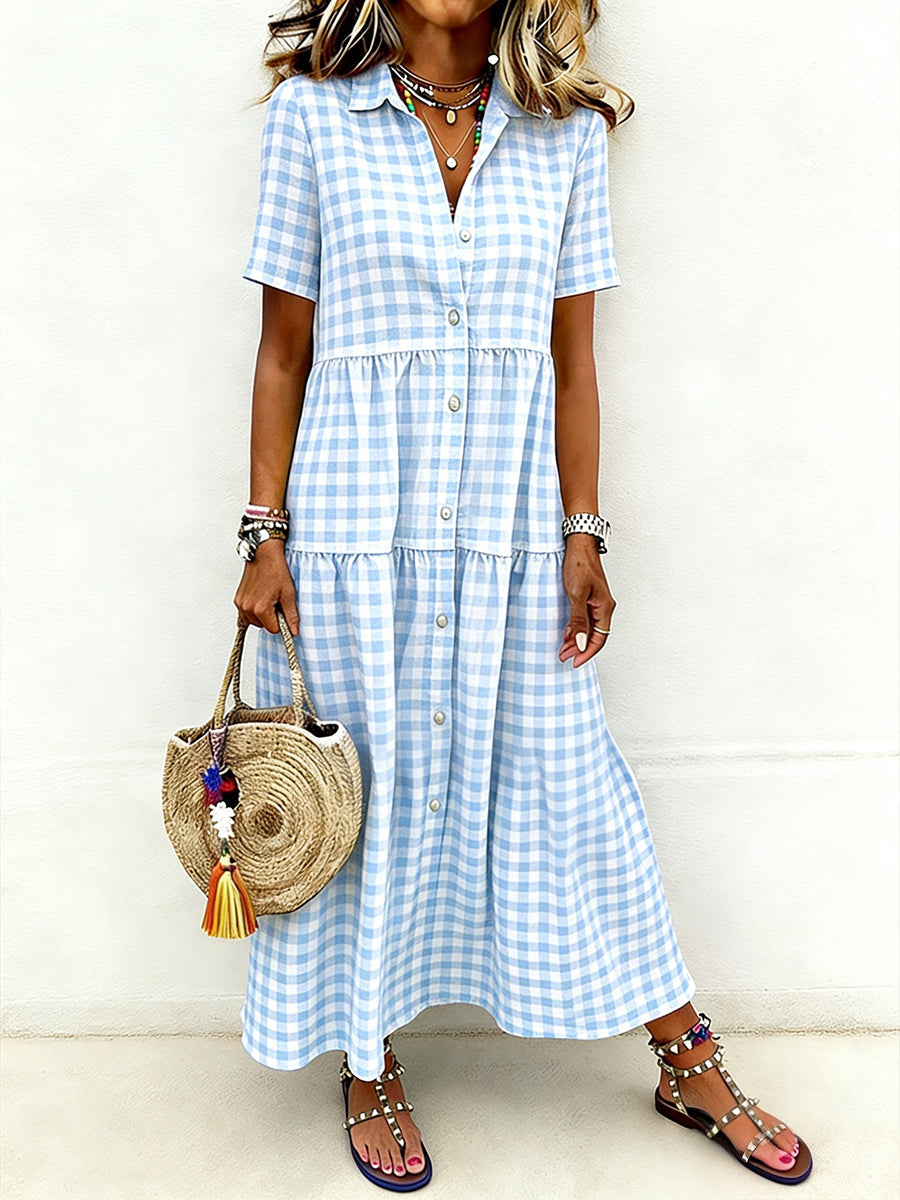 Women's Casual Elegant Plaid Print Short-Sleeve Long Shirt Dress