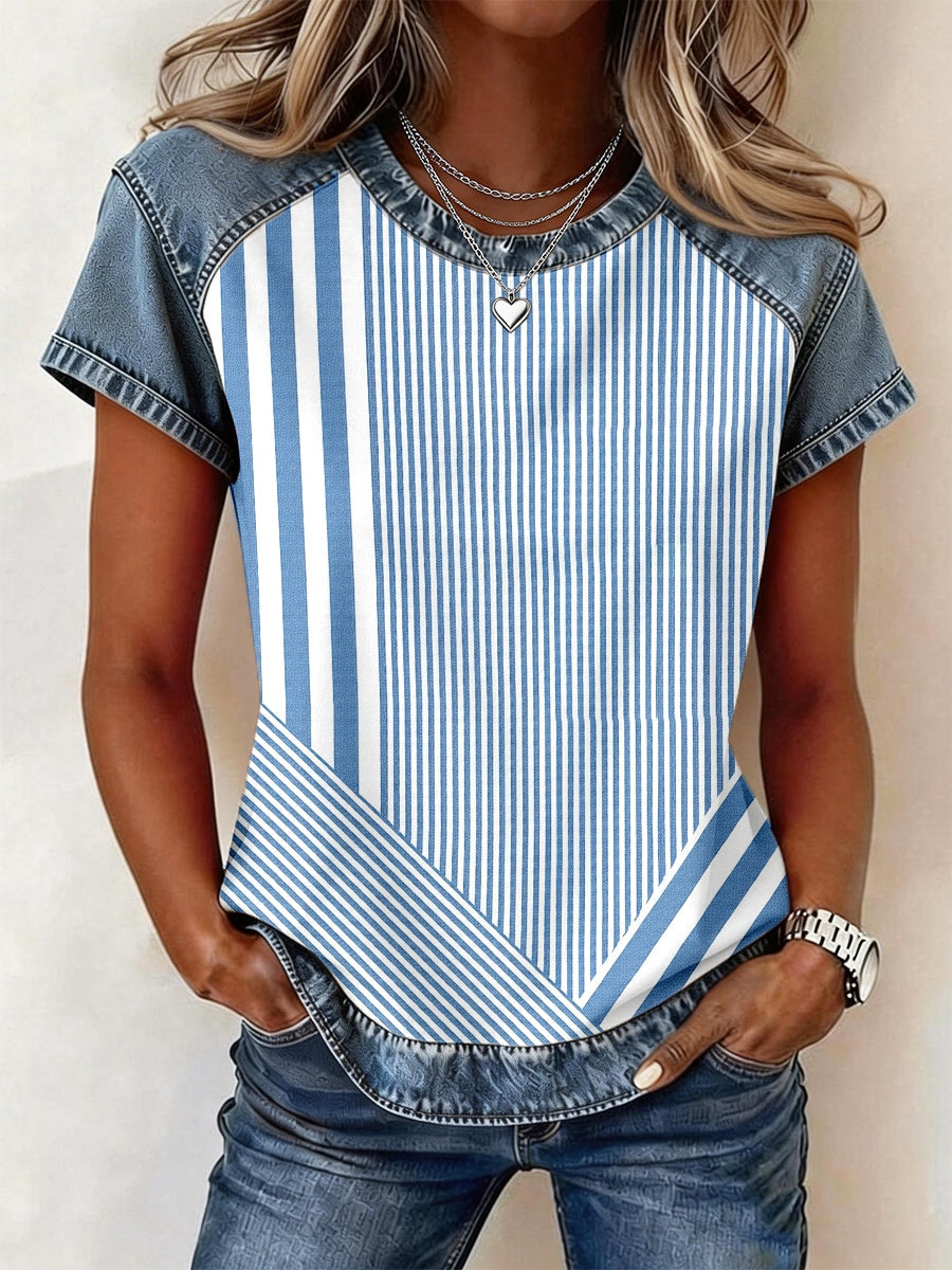 Women's Simple Striped Pattern Denim Patchwork Top