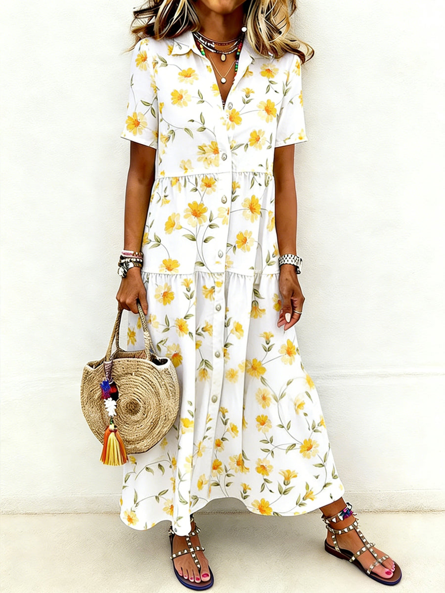Women's Casual Elegant Floral Print Short-Sleeve Long Shirt Dress