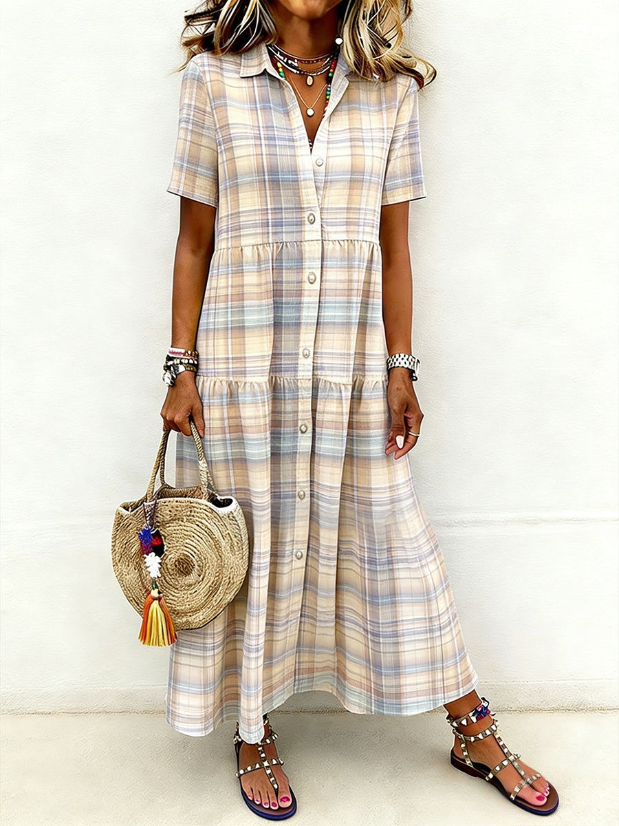 Women's Casual Elegant Plaid Print Short-Sleeve Long Shirt Dress