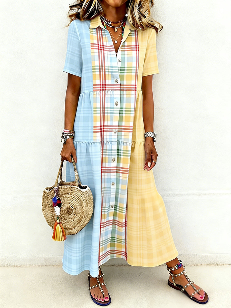 Women's Casual Elegant Colorblock Plaid Print Short-Sleeve Long Shirt Dress